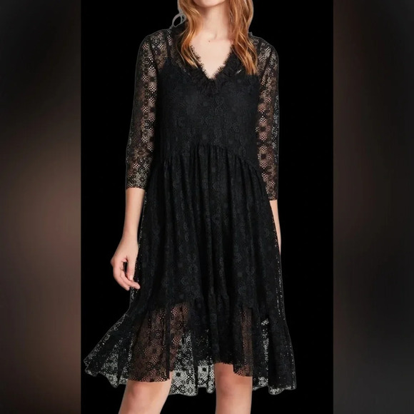 Zara Dresses & Skirts - Zara black V neck Lace  Midi dress Sz XS